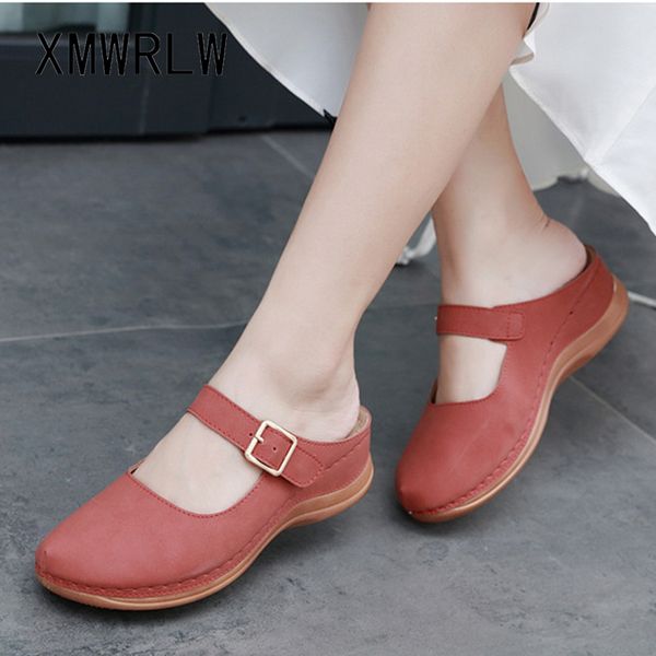 

xmwrlw women's summer slippers closed toe leather shoes women 2020 summer buckle casual slippers ladies shoes plus size 42, Black