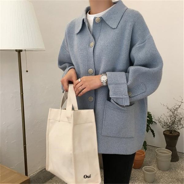 

hzirip 2019 korea preppy style solid patchwork soft autumn winter thick warm cardigans pockets knitted sweaters, White