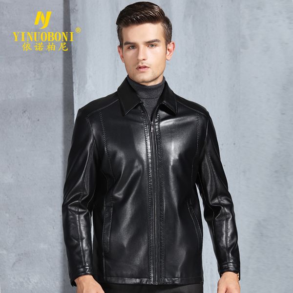 

men clothing 2019 genuine leather jacket sheepskin coat lapel father coat middle-aged spring and autumn short leather jackets, Black