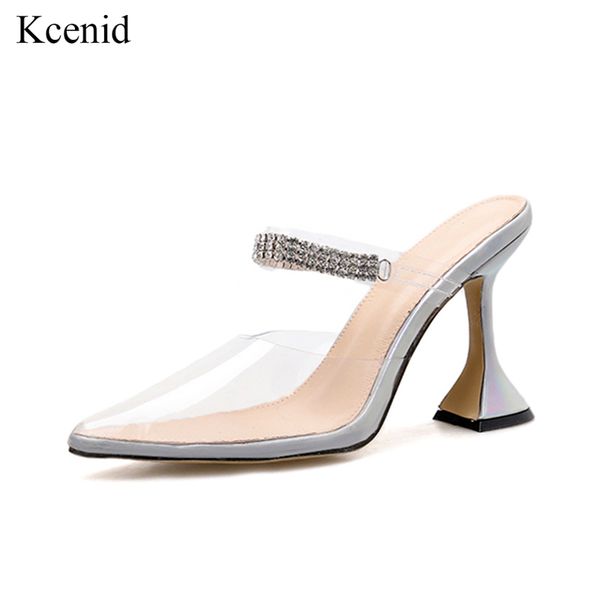 

kcenid 2020 fashion diamond pvc transparent slippers slip on women sandals slippers pointed toe strange heel mules shoes, Black