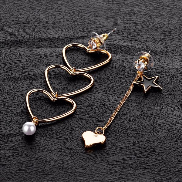 

women sweet lovely three hollow heart dangle earring asymmetry black star heart simulated pearl drop earrings brincos, Silver