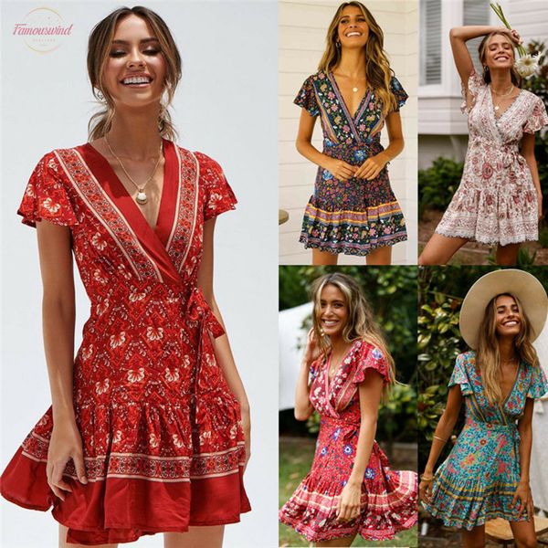 

plus size women ladies beach dress boho summer short sleeve floral mini dress female high waist v neck tunic dress belt, Black;gray
