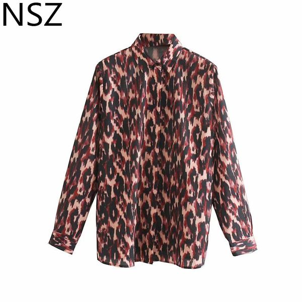 

nsz women animal print leopard blouse long sleeve turn down collar button shirt fashion vintage ladies female clothing blusa, White