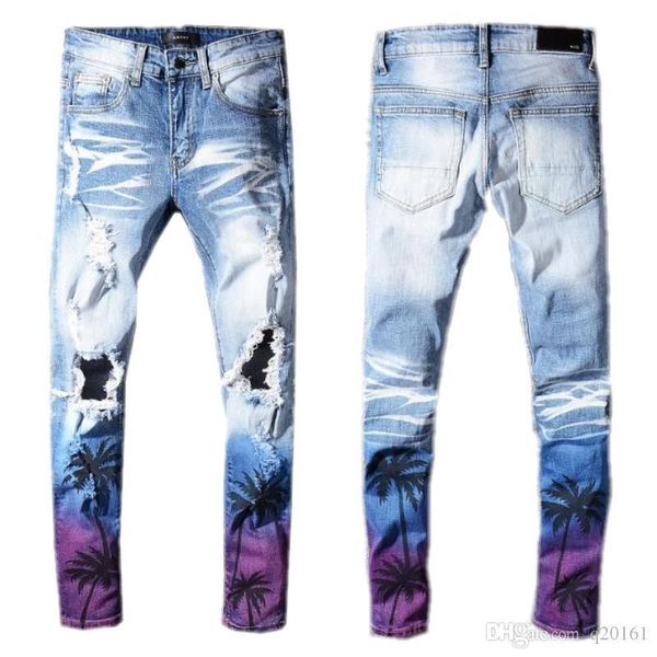 

designer jeans for men skinny jeans ripped holes jeans motorcycle biker denim pants ai brand fashion hip hop famous brand denim pants, Blue