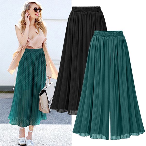 

women's pants & capris oversized summer woman pleated chiffon wide leg 2021 fashion casual loose elastic waist trousers lady streetwear, Black;white