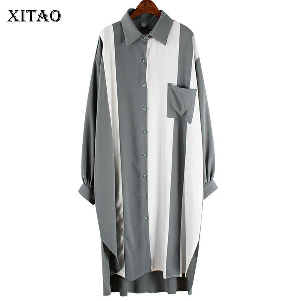 

xitao contrast dresses plus size long sleeve single-breasted chiffon dresses spring 2020 new fashion women clothes xj3565, Black;gray