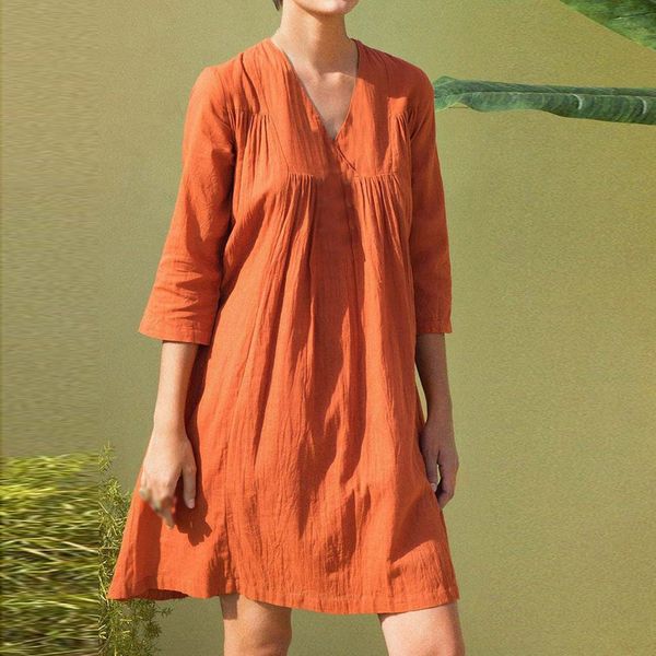 

2019 new ladies dress fashion casual solid color fit large size solid color 3/4 sleeve v-neck dresses, Black;gray