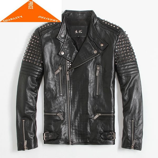 

autumn genuine winter jacket men streetweaar real sheepskin coat man moto biker vintage cow leather jackets 9775, Black
