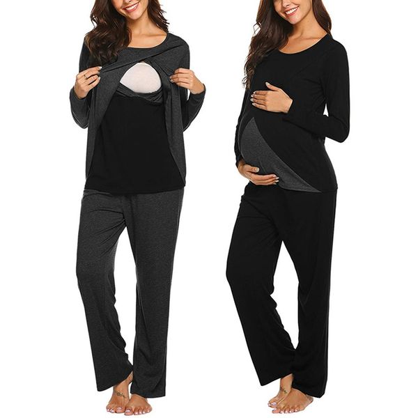 

women maternity long sleeve nursing baby t-shirt +pants pajamas set suit pijama premama invierno maternity nursing pajamas, White