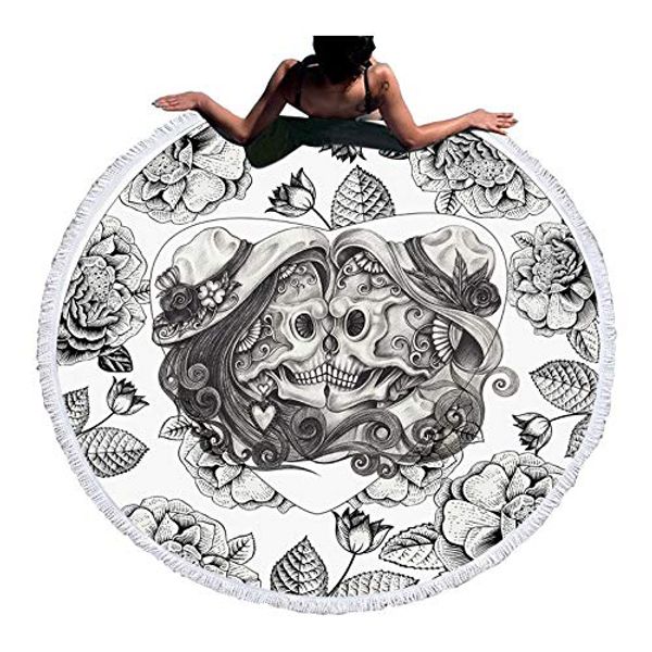

round beach towel love heart skull head black white microfiber printing 59 inch thick soft picnic blanket bath towel yoga mat