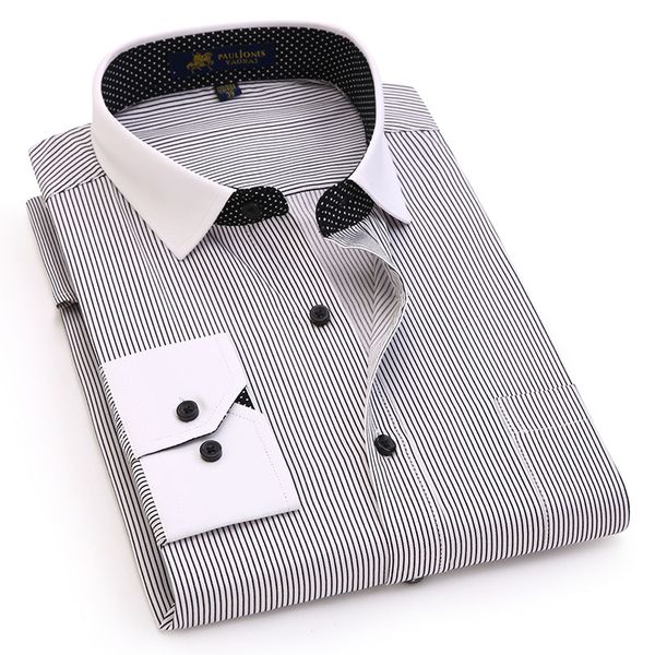 

mens contrast collar fine line stripe dress shirt patch pocket smart casual easy care long sleeve regular-fit male formal shirts, White;black