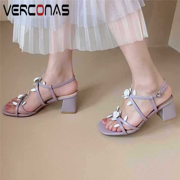 

verconas women flowers buckle thick heel square toe genuine leather high heels sandals party shoes new arrival shoes woman, Black