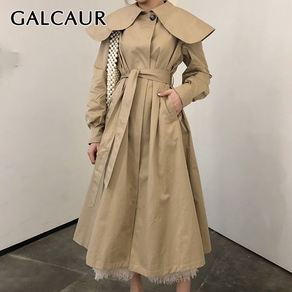

galcaur korean lace up women's windbreaker irregular collar long sleeve trench coat female 2019 autumn large size fashion new, Tan;black