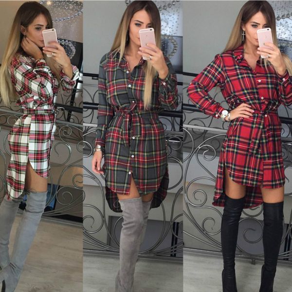 Новые женские платья с длинным рукавом с короткими рукавами Tartan Check Tunic Party Короткие мини-платья Осень Осень Наряды с длинными рукавами Blusas Рубашка Повседневные платья