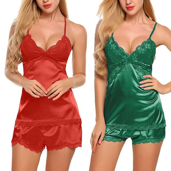 

lingerie pajamas for women kigurumi home clothes nightie mesh fashion lace nightwear satin sleepwear camisole short sets h5, Black;red