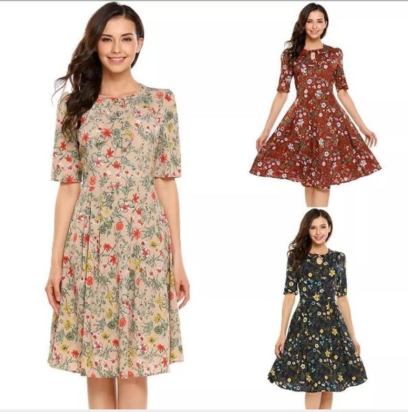 

cross border in europe and america 2019 summer quality women's floral chiffon skirt round neck hollow large swing dress, Black;gray
