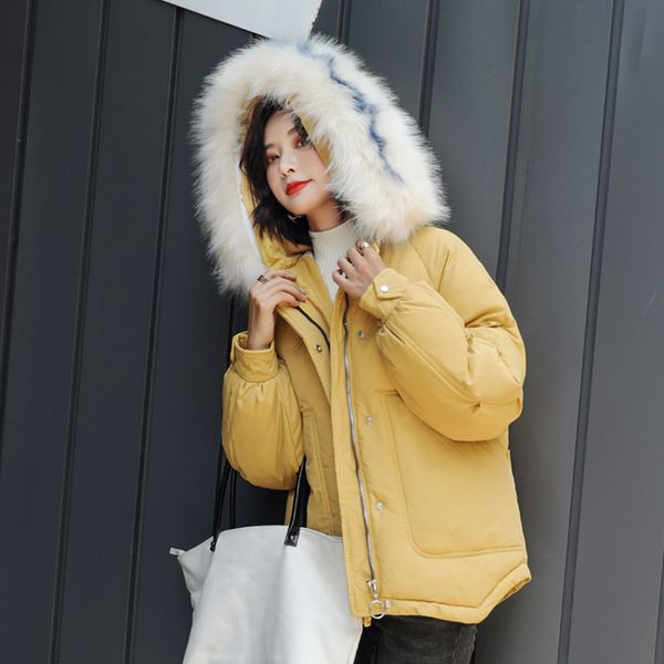 

female short parkas 2019 autumn big fur collar student bf cotton coat casual hooded winter warm thick clothing outwear, Black