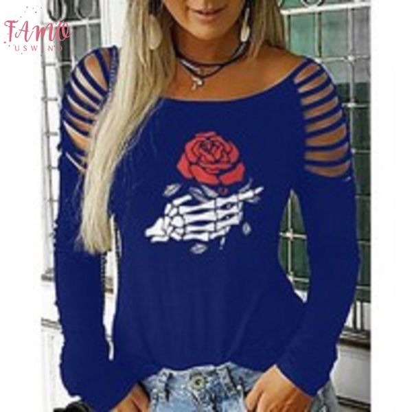 

punk t shirt женщины с длинным рукавом печати череп цветок hollow sexy streetwear tee shirt femme плюс размер женская одежда sj4425v, White