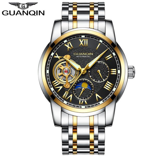 

guanqin brand tourbillon automatic wristwatch luxury men sport stainless steel waterproof mechanical watch relogio masculino, Slivery;brown