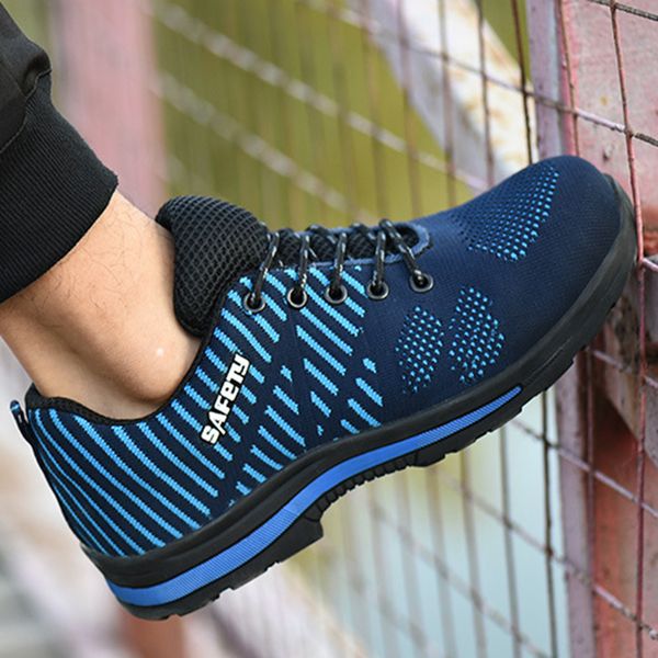 

men's outdoor breathable mesh steel toe anti smashing safety shoes men's light puncture proof comfortable work shoes boot, Black