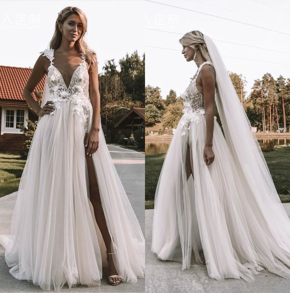 

princess berta wedding dresses v neck sleeveless lace bridal gowns front split beach lace tulle wedding dress cheap, White