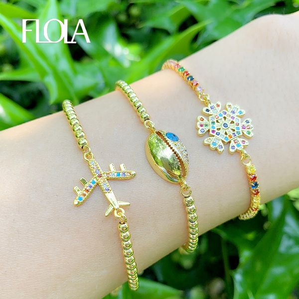 

flola bohemian shell bracelets for women micro paved airplane bracelet adjustable flower gold cz rainbow zirconia jewelry brtc24, Golden;silver