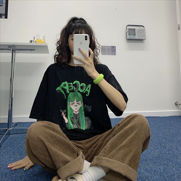 

hip-hop harajuku style bfins super fire green head anime dark series loose short-sleeved t-shirt female fashion, White