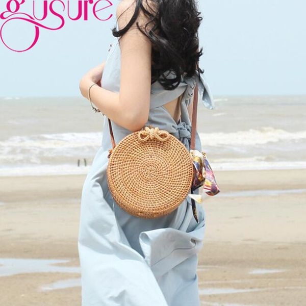 

gusure summer round straw bags for women beach shoulder bag rattan hand woven crossbody circle bag bohemia bowknot handbags bali