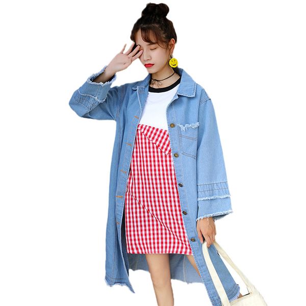 

blue denim trench coat 2019 spring single breasted medium long women outerwear autumn loose casual female slim windbreaker jia85, Tan;black