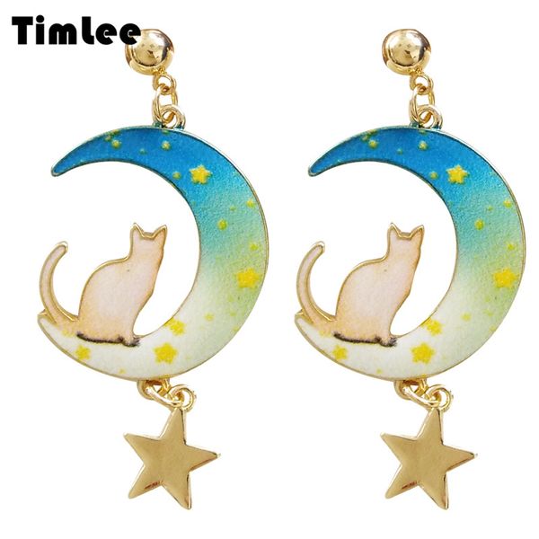 

timlee e195 new popular cartoon lovely cat moon star metal dangle earrings,temperamental jewelry wholesale, Silver