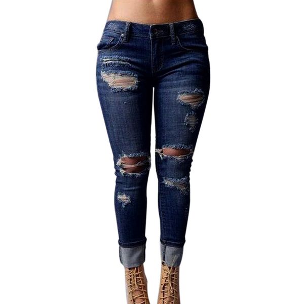 

women skinny ripped holes jeans pants high waist stretch slim pencil trousersripped jeans for women calca feminina, Blue