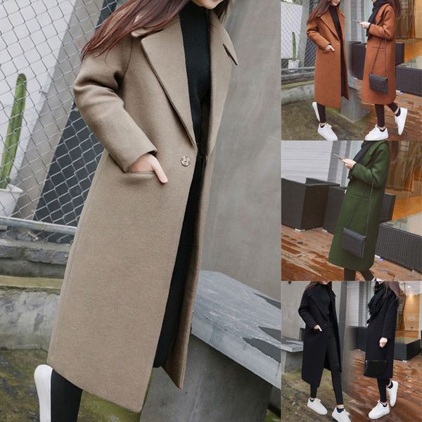 Casaco vintage casual trincheira oversize casaco feminino trabalho sólido vintage inverno escritório manga longa botão jaqueta de lã casaco casaco