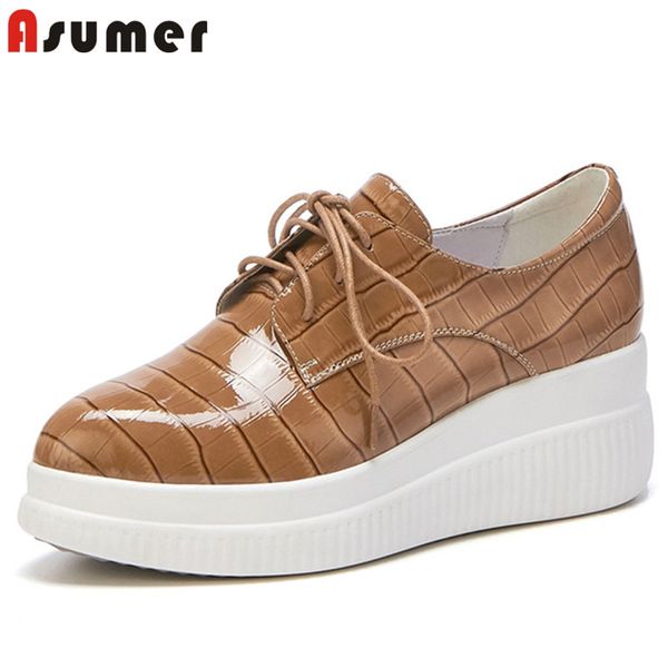 

asumer 2020 single shoes women genuine leather footwear lace up casual spring summer wedges platform shoes woman, Black