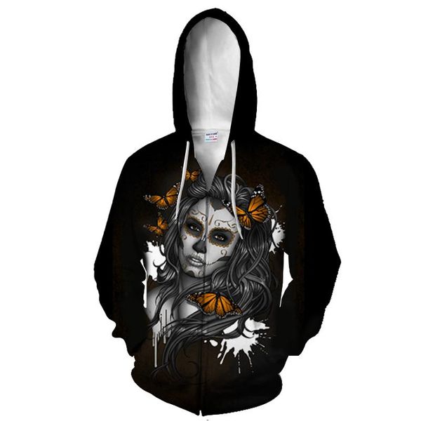 

zipper hoodies men sweatshirt man hooded suam homme cool printing skull horror 3d pullovers long sleeve velvet hooded jacket, Black