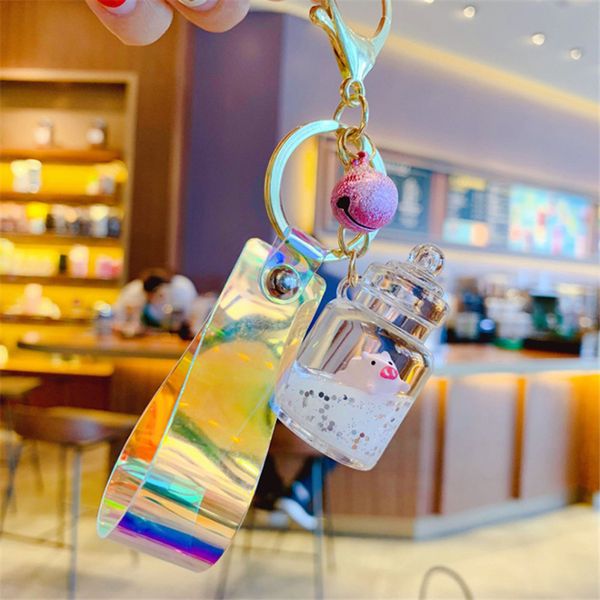 

cute milk pig key chain car floating moving liquid bag key chains women fantasy with bell colored rope ring jewelry accessoy, Silver