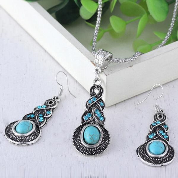 

women's fashion necklaces pendants trendy jewelry water drops green turquoise chunky pendant necklace earrings set drop shipping, Silver