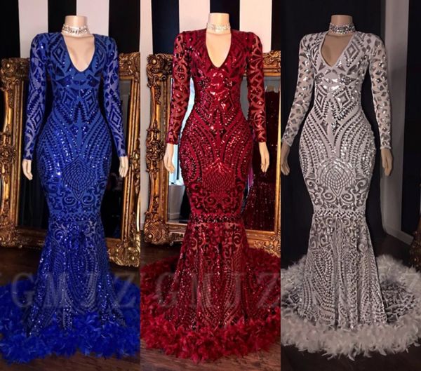 

2020 mermaid prom dress with feathers deep v neck sequined sheath evening goown long sleeves foramal party dress, Black