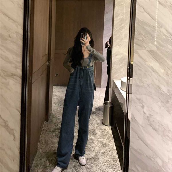 

korean version of loose bib pants high waist was thin straight jeans female autumn 2019 new students age reduction pants, Blue