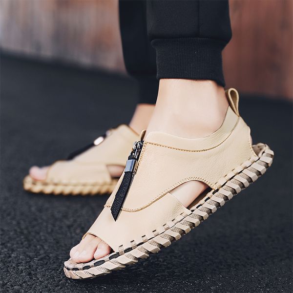 

sandals summer slip-on men leather handamde genuine casual travel beach flip flops breathable slippers black