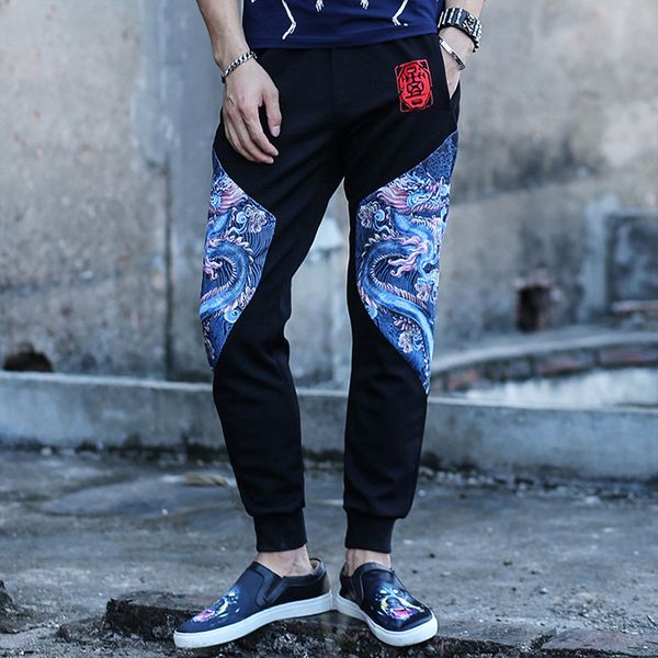 

men casual pants straight fit mens joggers pants chinese dragon hip hop sweatpants print cotton track slim fit streetwear, Black