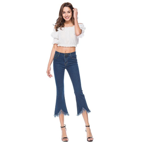 

new style women skinny bell-bottoms denim jeans stretch slim pants calf length cotton tassel trousers botton fly jeans 2019, Blue