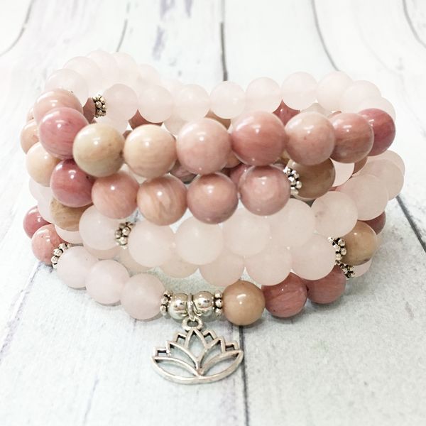 

drop ship matte rose quart z 108 mala bracelet rhodonite lotus charm necklace trendy fashion yoga balance bracelet for women, Golden;silver