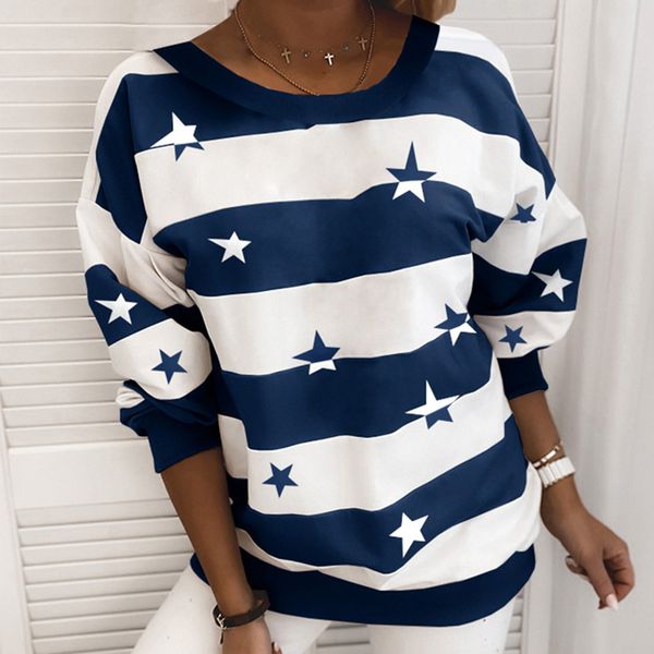 

women's stripe star printed hoodies sweatshirt harajuku o-neck batwing long sleeve pullover 2020 autumn sweatshirts female, Black