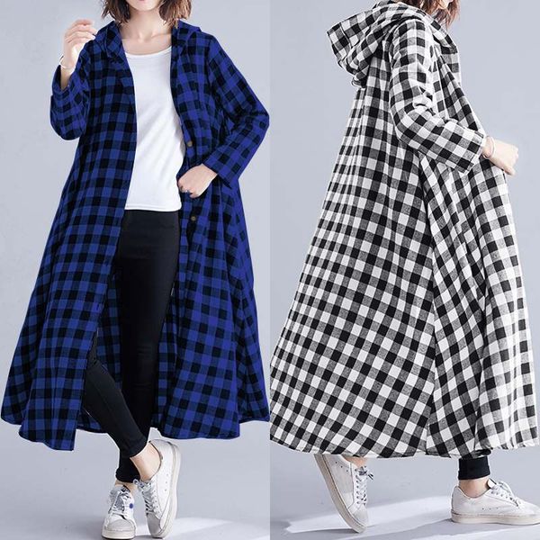 

zanzea plus size 2019 women long cardigan plaid check shirt casual hoodies harajuku kimono blouse pockets long tunic, White