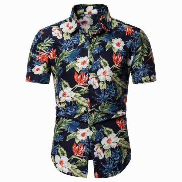 

summer new european and american men's fashion casual short-sleeved flower shirt printed beach shirt, White;black