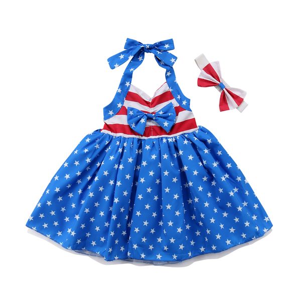 

Baby Girls Independence Day July 4th Romper Dress Stars Print Halter Sleeveless Backless Playsuit with Headband