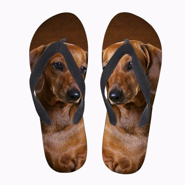 

customized fashion ladies flip flops lovely 3d animal dachshund dog casual women slippers woman summer female flats shoes, Black