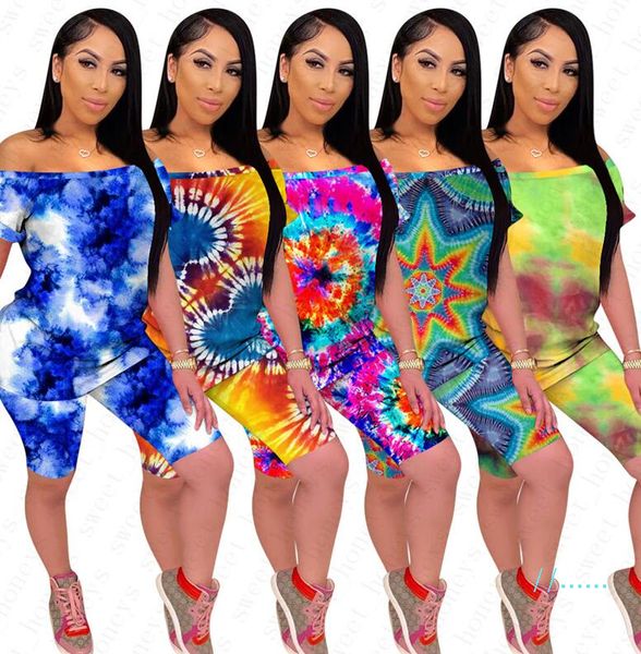 

summer women's clothing fashion tie-dyed one-shoulder short sleeved t-shirt +shorts 2 pieces sets ladies casual outfits tracksuit d5509, White