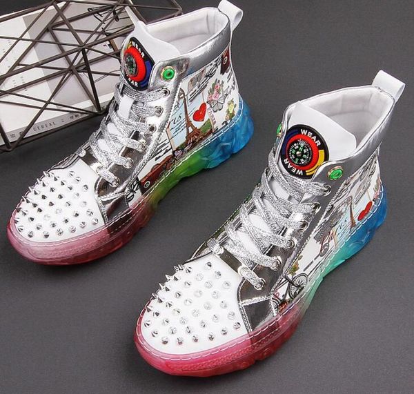 

2020 new men high rivet graffit platform flats shoes skateboard man trending leisure sneakers zapatillas hombre, Black