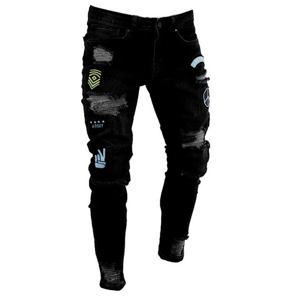 

new style 2019 men's embroidered hole jeans slim hip-hop black jeans, Blue